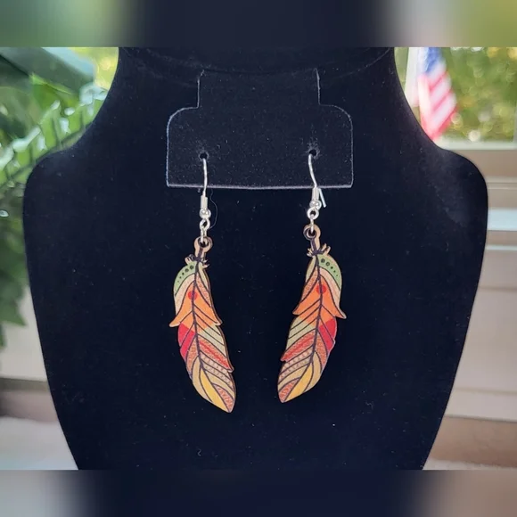 Colorful Wooden Feather Statement Dangle Earrings / Pierced - Picture 4 of 5